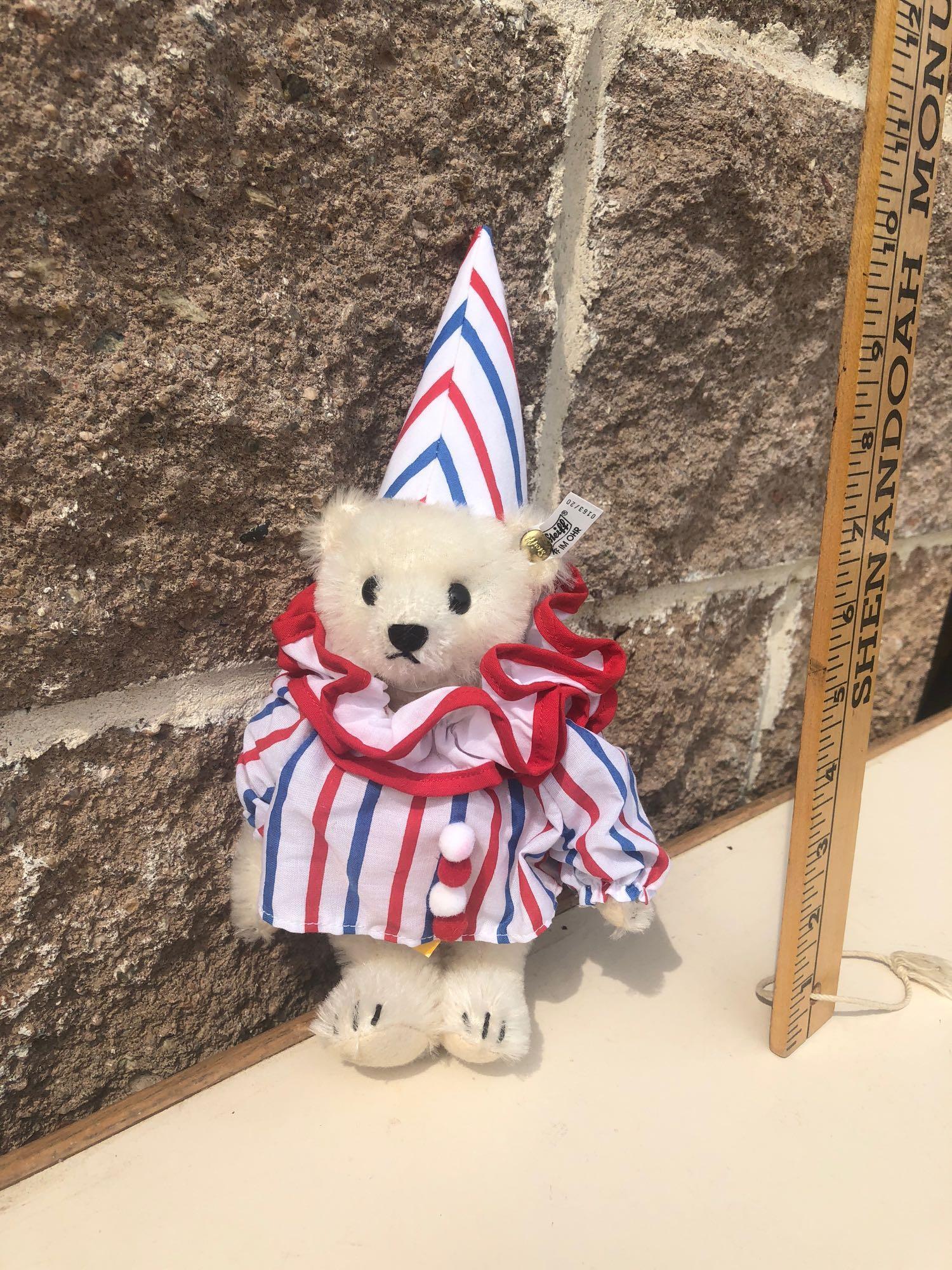 Steiff White Bear w/ Circus Clown, 7.5" Bear, 10" w/ Hat On