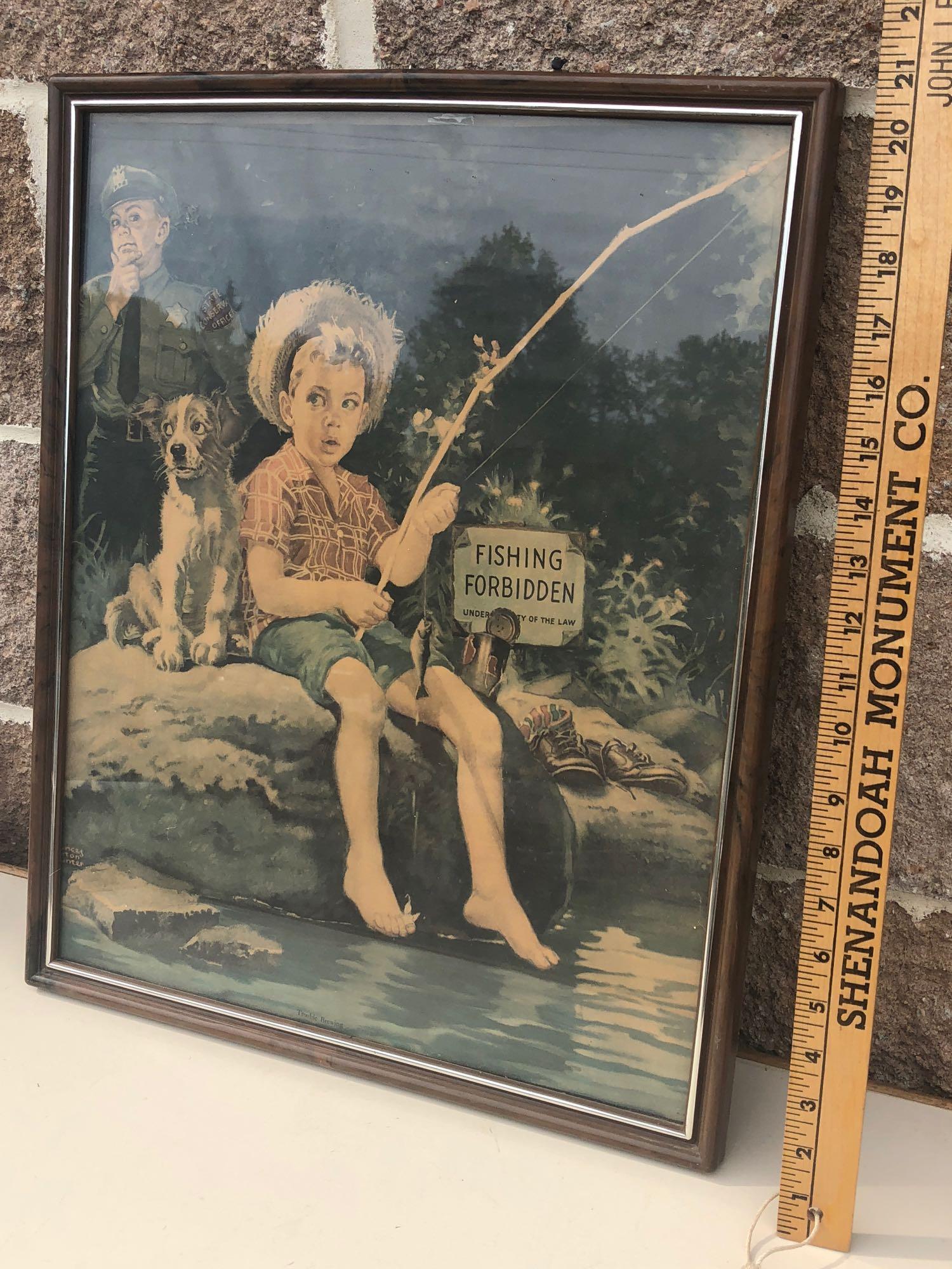 VINTAGE 1950"S "TROUBLE BREWING" BOY FISHING ART PRINT BY FRANCES TIPTON HUNTER Framed