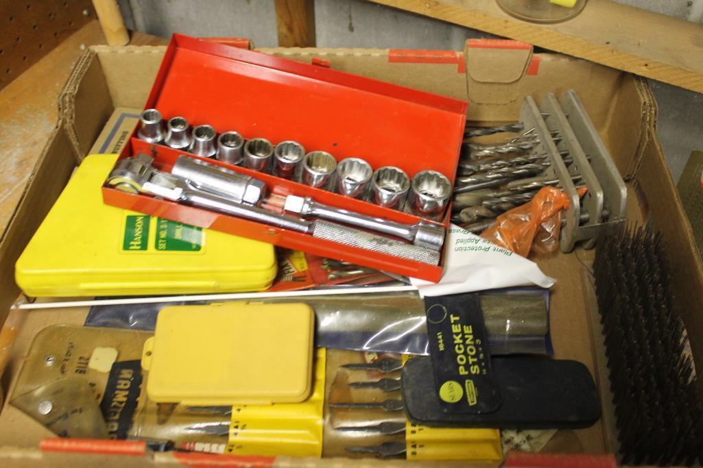 Box of Tools, Sockets, Drill Bits, Files, Punches, Stones