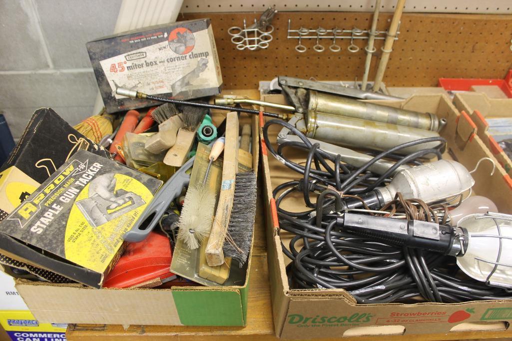 Group of Tools, Trouble Lights, Grease Guns, Staplers, Brushes, Brooms & More