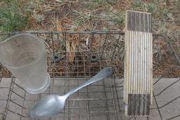 Two Vintage Wire Office In-and-Out Trays, Glass Measuring Cup, U.S. Spoon & Folding Yard Stick