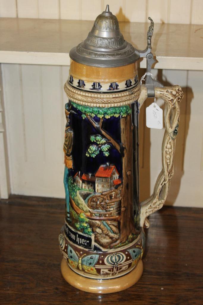 Large Early Germany Beer Stein "Morgen muss iich fort von hier" w/ Girl and Butterflies