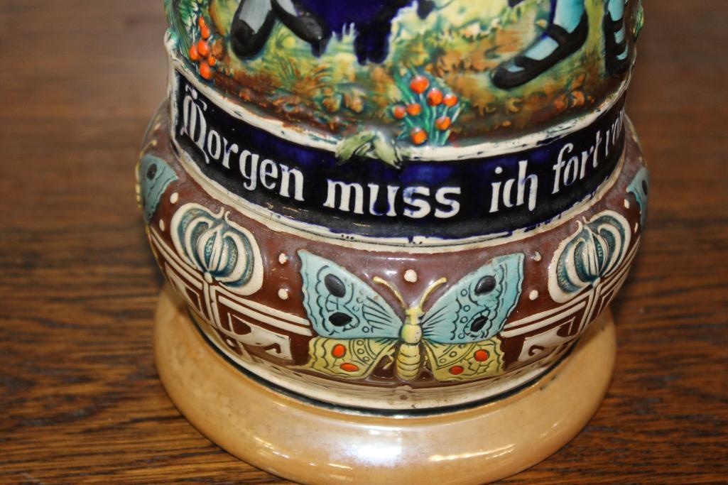 Large Early Germany Beer Stein "Morgen muss iich fort von hier" w/ Girl and Butterflies