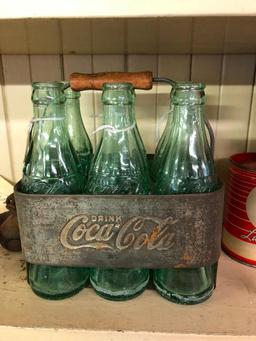 Early Coca-Cola Six Pack Carrier w/ Six Coke Bottles