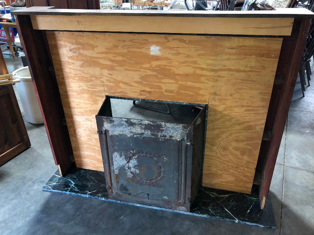 Marble, Wood and Iron Fireplace Mantle w/ Cast Iron Panels From Old Market Hotel, 68"w, x 55"t, 16"d