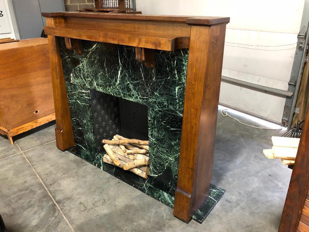 Marble, Wood and Iron Fireplace Mantle w/ Cast Iron Panels From Old Market Hotel, 68"w, x 55"t, 16"d