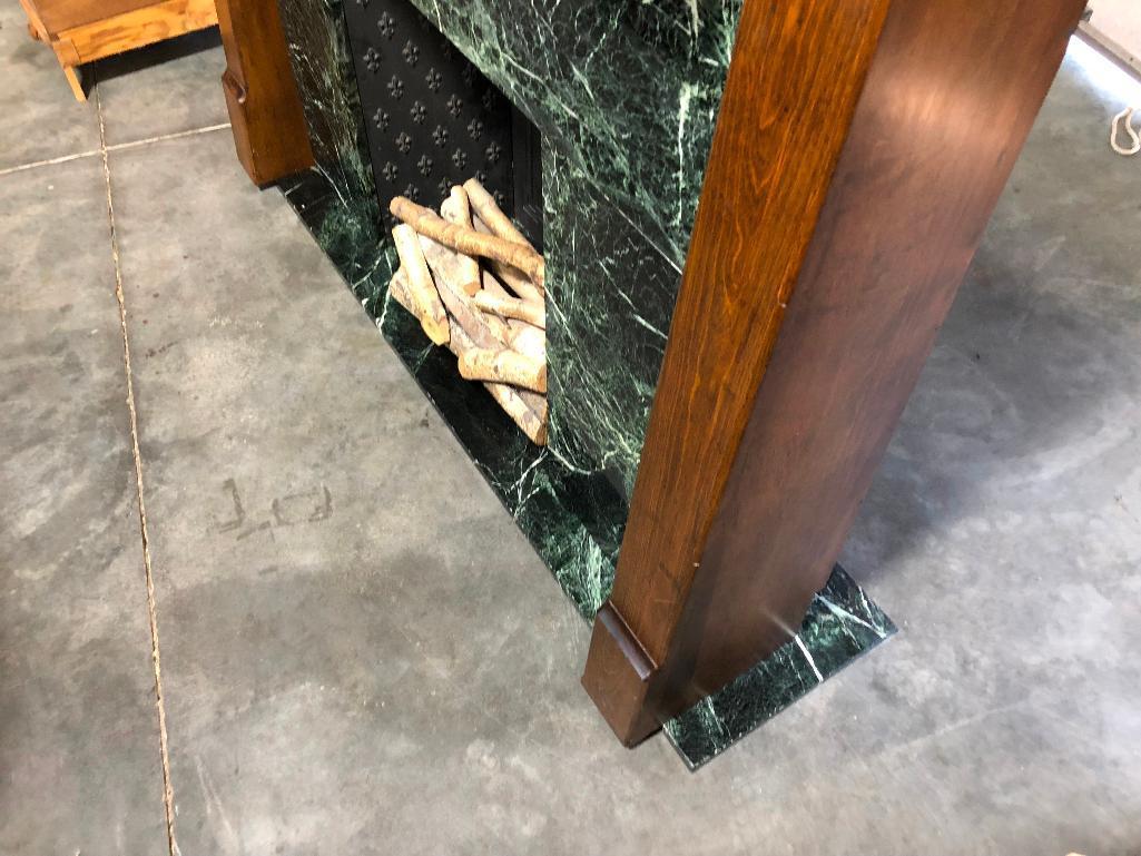 Marble, Wood and Iron Fireplace Mantle w/ Cast Iron Panels From Old Market Hotel, 68"w, x 55"t, 16"d