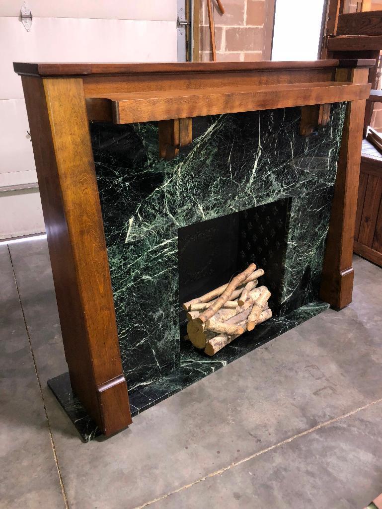 Marble, Wood and Iron Fireplace Mantle w/ Cast Iron Panels From Old Market Hotel, 68"w, x 55"t, 16"d