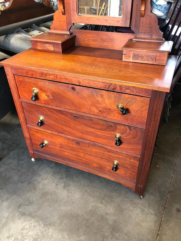 Antique Eastlake Dresser w/ Mirror, 67" High, 39" Wide, 18" Deep w/ 3 Drawers, Mirror & Sock Drawers