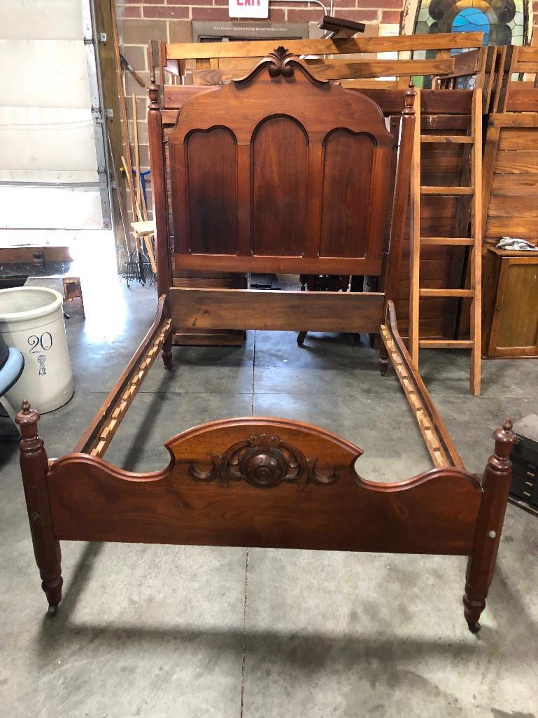 Antique Bed w/ Unique Headboard w/ Wooden Center on Iron Brackets, 74" H, 80" L, 43" W