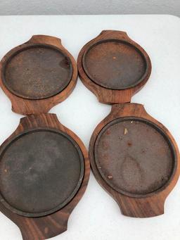 Lot of 7 Wood and Cast Iron Skillet Serving Platters