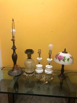 Five Lamps, Including Twin Hobnail Set, Floral Glass Lamp Shade, Hurricane Style Lamp and Metal Lamp