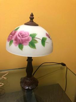 Five Lamps, Including Twin Hobnail Set, Floral Glass Lamp Shade, Hurricane Style Lamp and Metal Lamp