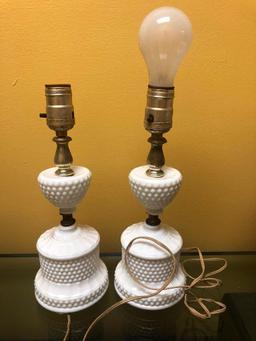 Five Lamps, Including Twin Hobnail Set, Floral Glass Lamp Shade, Hurricane Style Lamp and Metal Lamp