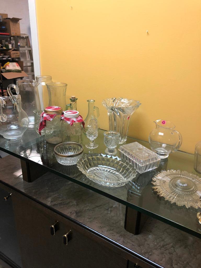 18 Glass Pieces, Ranging from Pitchers to Bowls to Vases to Ball Jars to Candy Dishes, Etc.