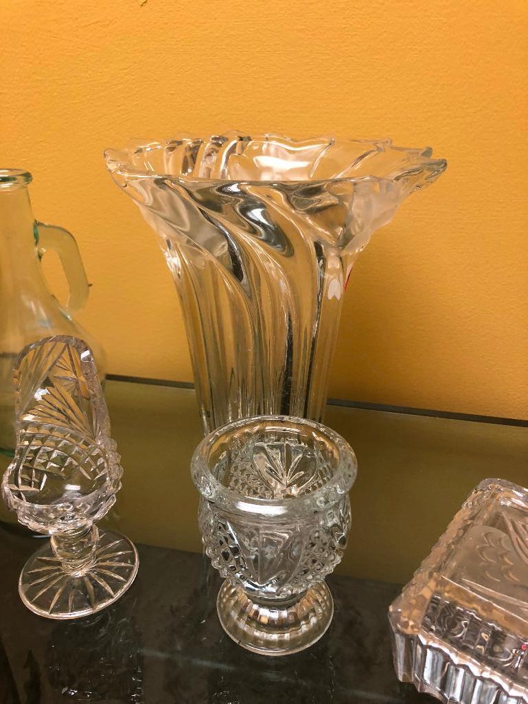 18 Glass Pieces, Ranging from Pitchers to Bowls to Vases to Ball Jars to Candy Dishes, Etc.