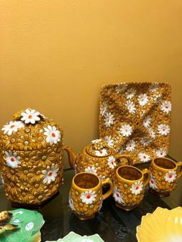 Daisy Teapot/Cups/Platter/Cookie Jar Set, Six Flower Petal Plates, Four Pasta Bowls, MC Tin, Modern