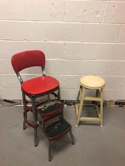 Red Vintage Cosco Chair with Folding Steps and Metal Stool