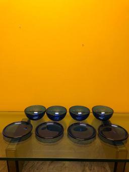 Set of Four French Blue Glass Plates and Bowls