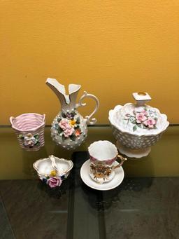 Five Floral Decorative China, Including Lefton China Candy Bowl, Kelvin Fine China Pitcher