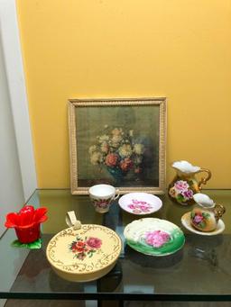 Floral Design lot, Including Enesco Pitcher, Other Misc. Plates, Bone China Teacup, Framed Still
