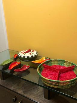 Festive Party Dinnerware, Chip Bowl with Chili Shaped Salsa Bowls, Wicker Snack Holder