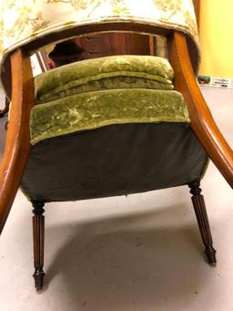 Curved Wood Accent Chair w/Green Velour Seat. 24" Wide, 28" Deep