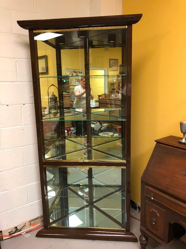 Illuminated Corner Curio Cabinet, Mirror Back and Glass Shelves, Metal Frame, 80" tall X 34" wide X