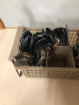 Silverware Caddy w/ Misc. Stainless Steel Silverware, Spoons and Forks