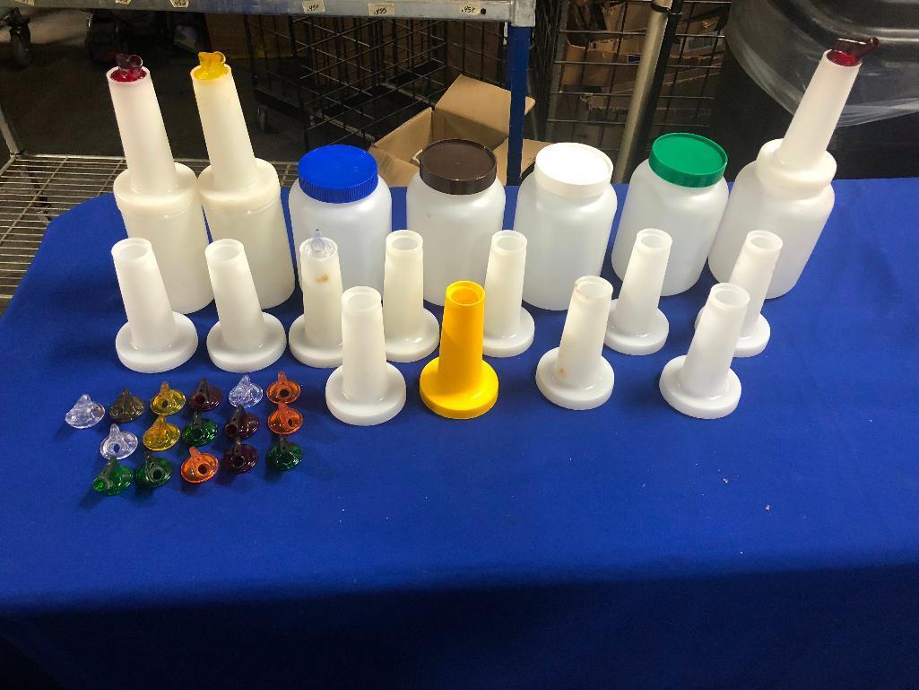 Large Group of Juice Pourers w/ Pour Caps, Storage Caps, 2 Sizes, 30+ Total Pieces