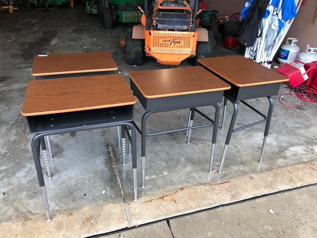 Lot of 4 VIRCO Adjustable Height Student Desks, Laminate Walnut Top, Black Metal Frame, Inside