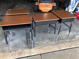 Lot of 4 VIRCO Adjustable Height Student Desks, Laminate Walnut Top, Black Metal Frame, Inside