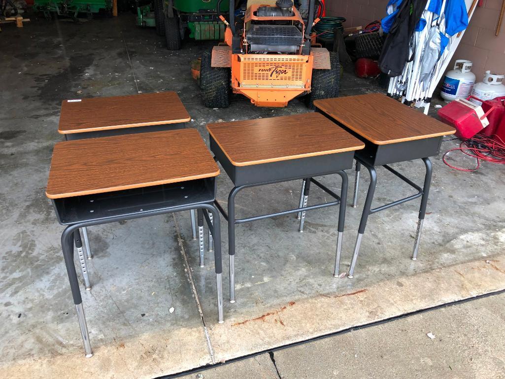 Lot of 4 VIRCO Adjustable Height Student Desks, Laminate Walnut Top, Black Metal Frame, Inside