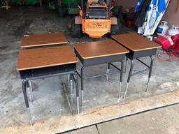 Lot of 4 VIRCO Adjustable Height Student Desks, Laminate Walnut Top, Black Metal Frame, Inside