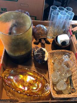 Two Boxes of Glassware, Depression Era Relish Tray, Turtle, Misc.