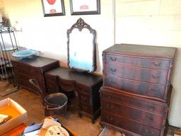 Antique Four Piece Furniture Set, Chest of Drawers, Dresser w/ Mirror, Chair, Buffet Chest of