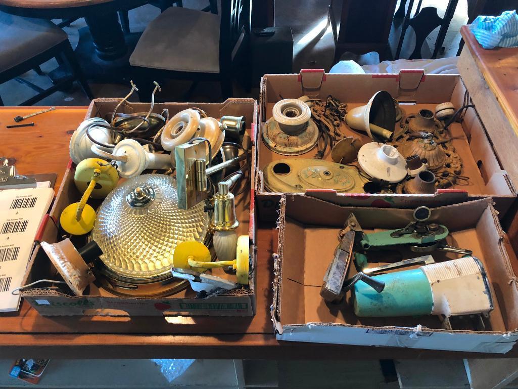 Two Boxes of Lamp Parts, Plus Some Vintage Kitchen Items