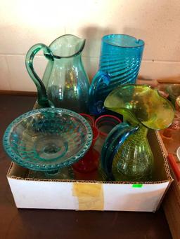 Two Boxes of Nice Colored Glass, Carnival Glass, Depression Glass, Pitchers, Bowls