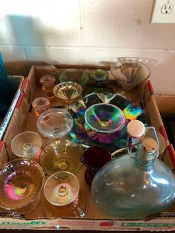 Two Boxes of Nice Colored Glass, Carnival Glass, Depression Glass, Pitchers, Bowls