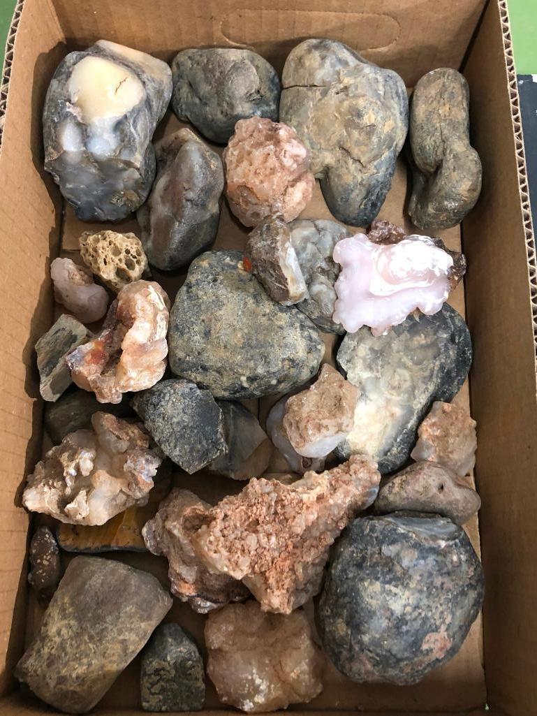 Box of Fire Agate, 1 Polished, Flint, Misc. Agates, Contents of Box