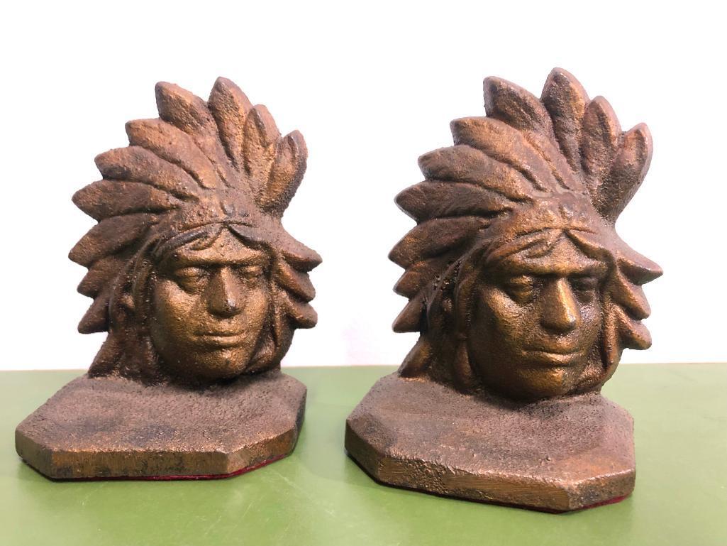 Cast Iron Native American Indian Chief Bookends, 7in Tall, Heavy, Old