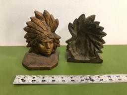 Cast Iron Native American Indian Chief Bookends, 7in Tall, Heavy, Old