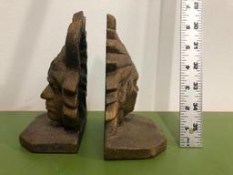 Cast Iron Native American Indian Chief Bookends, 7in Tall, Heavy, Old