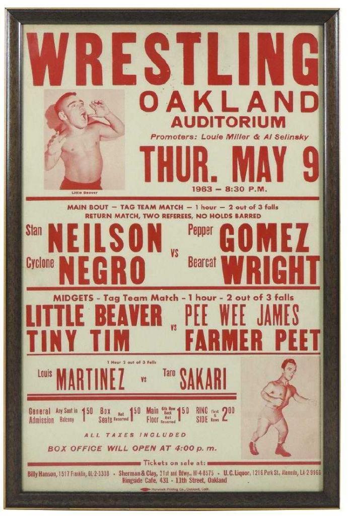 c. 1963 Midget Wrestling Framed Poster, Oakland Auditorium CA, Tiny Tim, Little Beaver