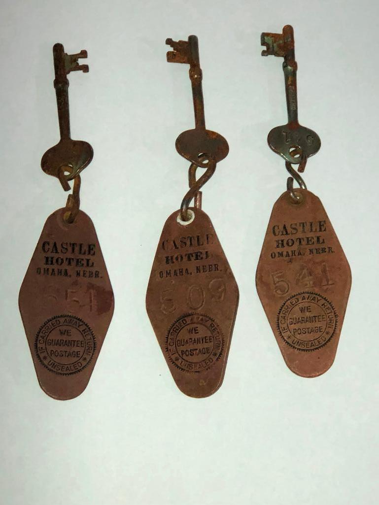 3 Antique Omaha Hotel Skeleton Keys, Castle Hotel Omaha, NEBR