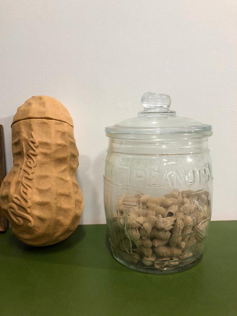 Country Store Peanut Items, Reverse Painted Double Kay Nuts Sign, 2 Glass Jars, Paper Mache Peanut