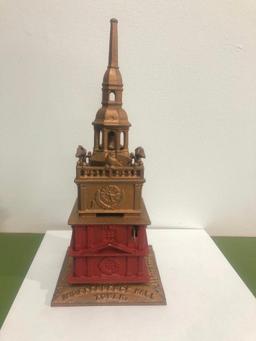 Antique Enterprise Cast Iron Independence Hall Tower Figural Still Bank, 10in Pat. Sept 21 1875