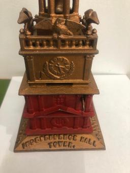 Antique Enterprise Cast Iron Independence Hall Tower Figural Still Bank, 10in Pat. Sept 21 1875