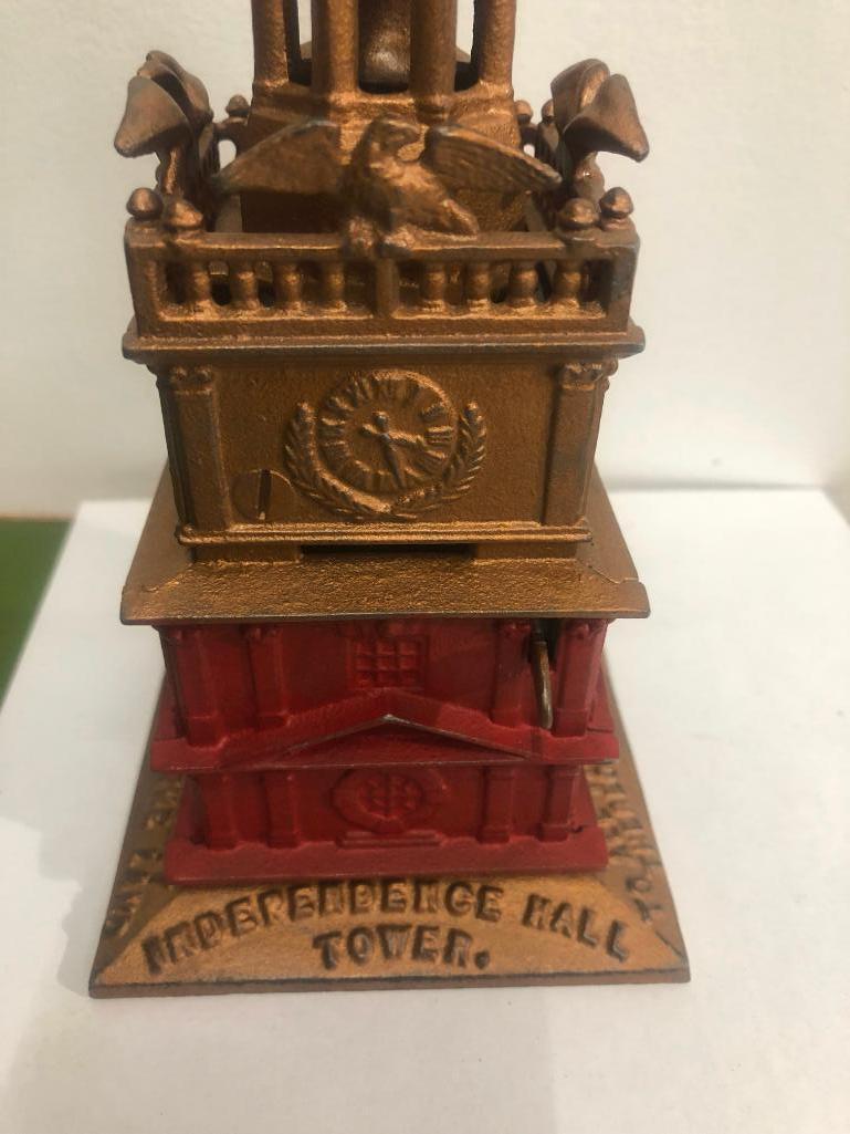 Antique Enterprise Cast Iron Independence Hall Tower Figural Still Bank, 10in Pat. Sept 21 1875