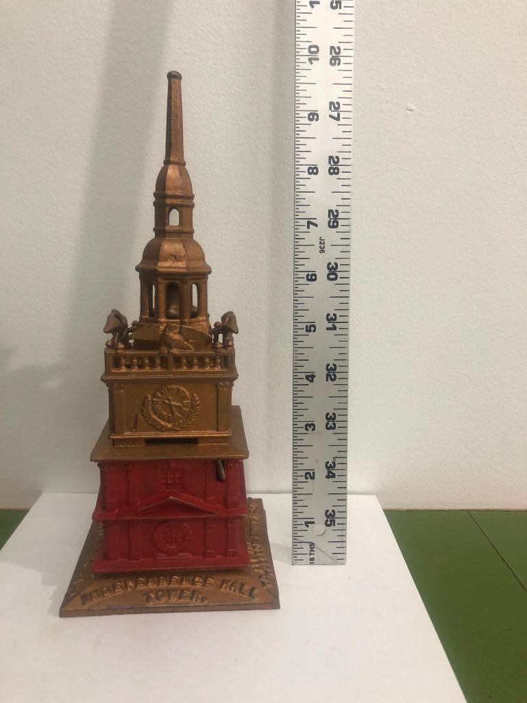 Antique Enterprise Cast Iron Independence Hall Tower Figural Still Bank, 10in Pat. Sept 21 1875